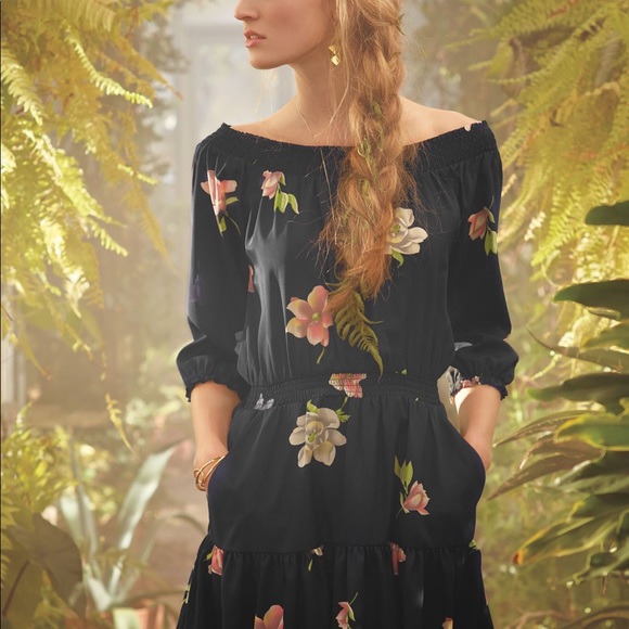 Lil Sz LP floral off the shoulder dress pockets puff sleeve Navy Pink Grey roses - Picture 2 of 8